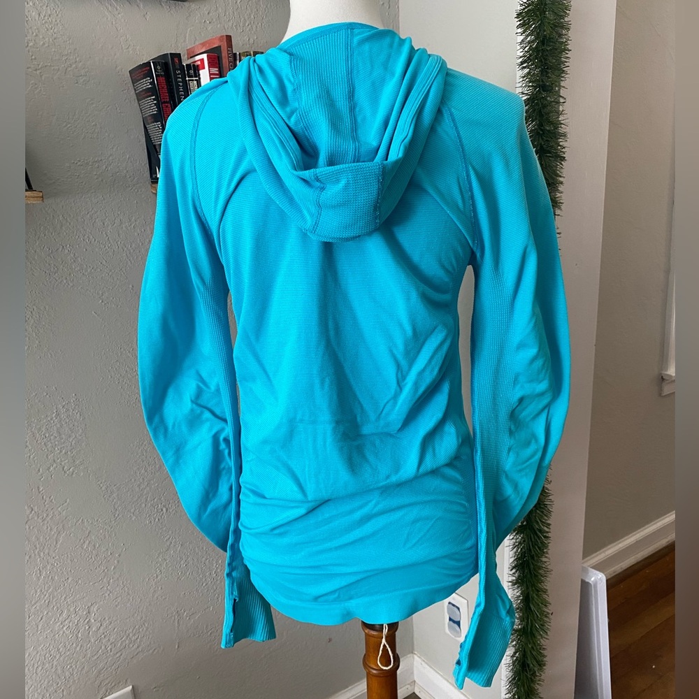 Athleta Blue Sparkle Ruched Full Zip Hooded Slimming Active Sport Yoga Jacket L - Picture 6 of 7